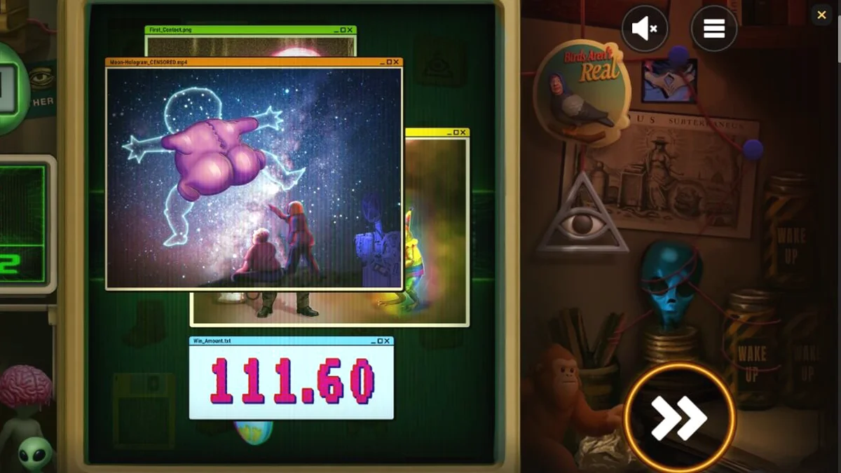 Tampilan layar slot Truth dengan tema konspirasi retro di perangkat mobile