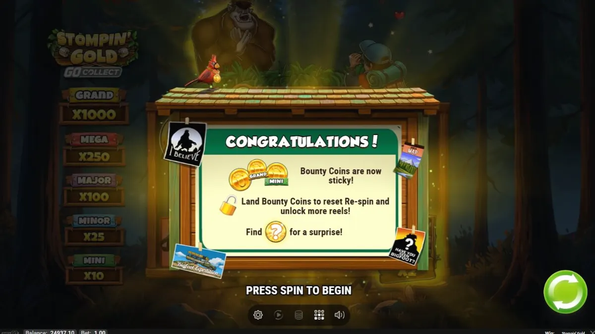 Stompin’ Gold GO Collect slot game interface featuring yeti characters