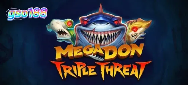 Tampilan visual slot Mega Don Triple Threat dengan tema bawah laut yang gelap dan hiu predator.